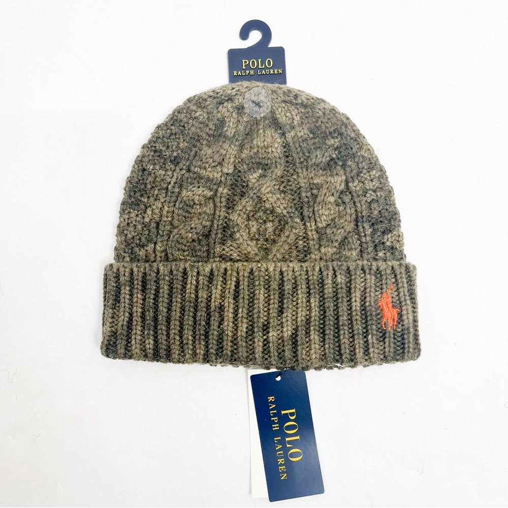Polo Ralph Lauren Cable Knit Beanie- Color OLIVE CAMO Wool Blend Cap NWT